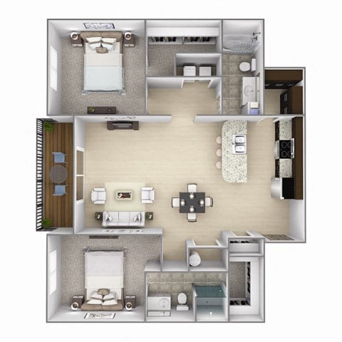 Floor plan for 2 beds, 2 baths, 1102 sqft
